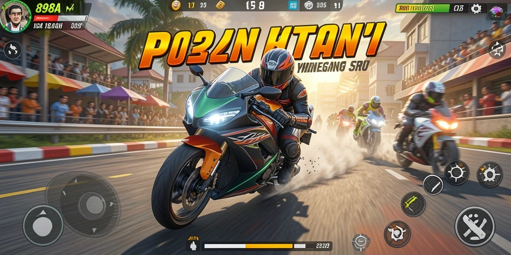 Screenshot gameplay 898A yang menampilkan balapan motor yang seru.