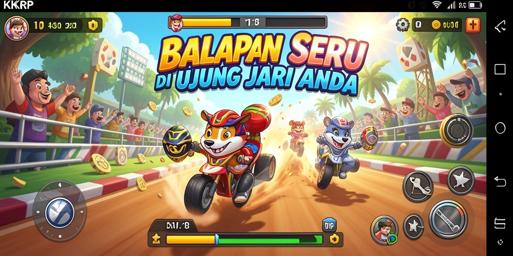 Screenshot gameplay KKRP menampilkan balapan seru dengan mobil yang beraksi.