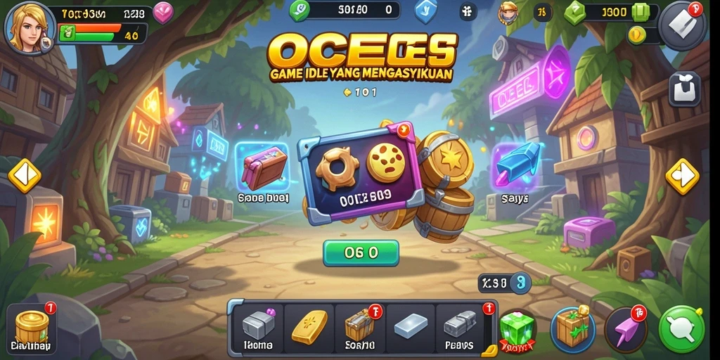 Screenshot gameplay OCE69 menampilkan karakter mengumpulkan sumber daya secara otomatis.